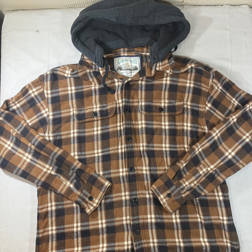American Eagle Mens Brown Plaid Hooded Flannel Shirt Detachable Hood Large L
